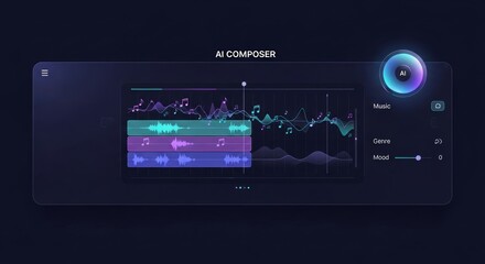 Futuristic AI music composer UI with sound wave visualization, digital control, interactive assistant interface for generative music, creative audio production, and artificial intelligence technology