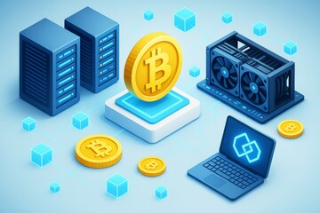 Bitcoin mining equipment with servers, GPU, and laptop on digital blockchain network background in isometric light blue graphic style. Ai generative