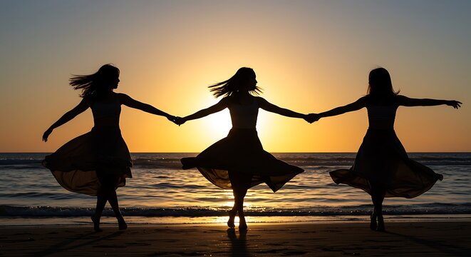Three women friends in silhouette celebrating sisterhood and freedom, dancing joyfully on the beach at sunset