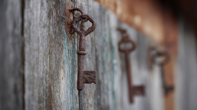 Rusted antique key on weathered wood.