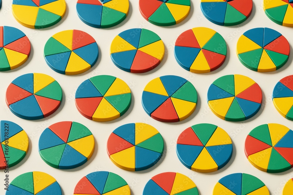Aufkleber Colorful pie chart disks arranged in a seamless geometric pattern with a light background, symbolizing creative data visualization concepts. Ai generative