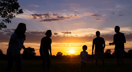 Obraz premium A beautiful scene of a multi-generational family silhouetted against a vibrant orange sunset, sharing a joyful moment together outdoors