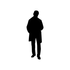 A simple, bold silhouette of a man wearing a coat and pants, presented against a plain white background.