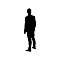 A clean, simple silhouette of a man standing, full body shot, facing forward, wearing casual-style jacket and pants.