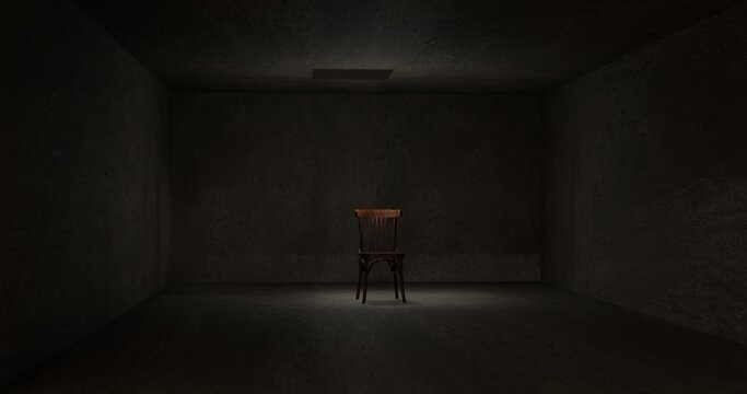 A dark cinematic view of a room with chair placed in the middle