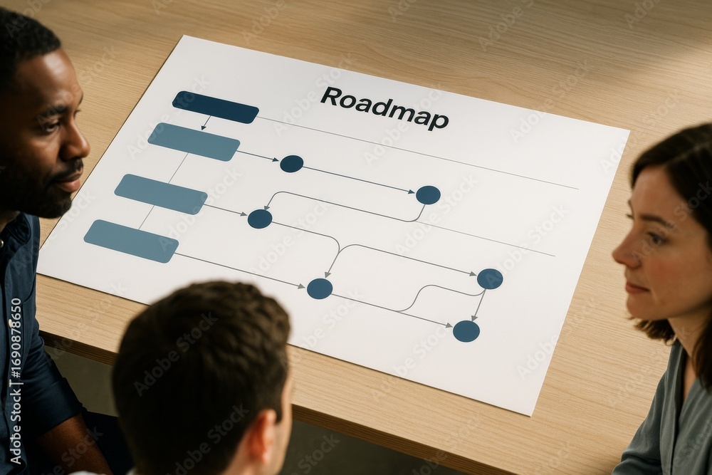 Aufkleber Business team discussing strategic roadmap with flowchart diagram on table during planning meeting in office with light wood background. Ai generative