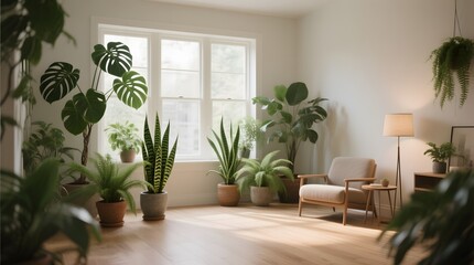 Fototapeta premium Cozy Indoor Space with Green Plants and Natural Light Streaming In