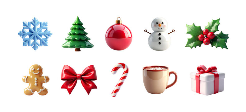 Set of Christmas clipart elements, snowflake, Christmas tree, ball, snowman, holly berry, gingerbread man, bow, caramel cane, cocoa drink, gift box isolated. 3d rendering. PNG transparent background