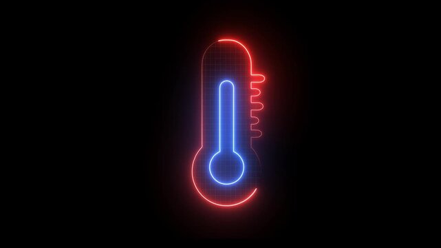 Glowing neon thermometer icon, blue heat scale, futuristic temperature measurement animation