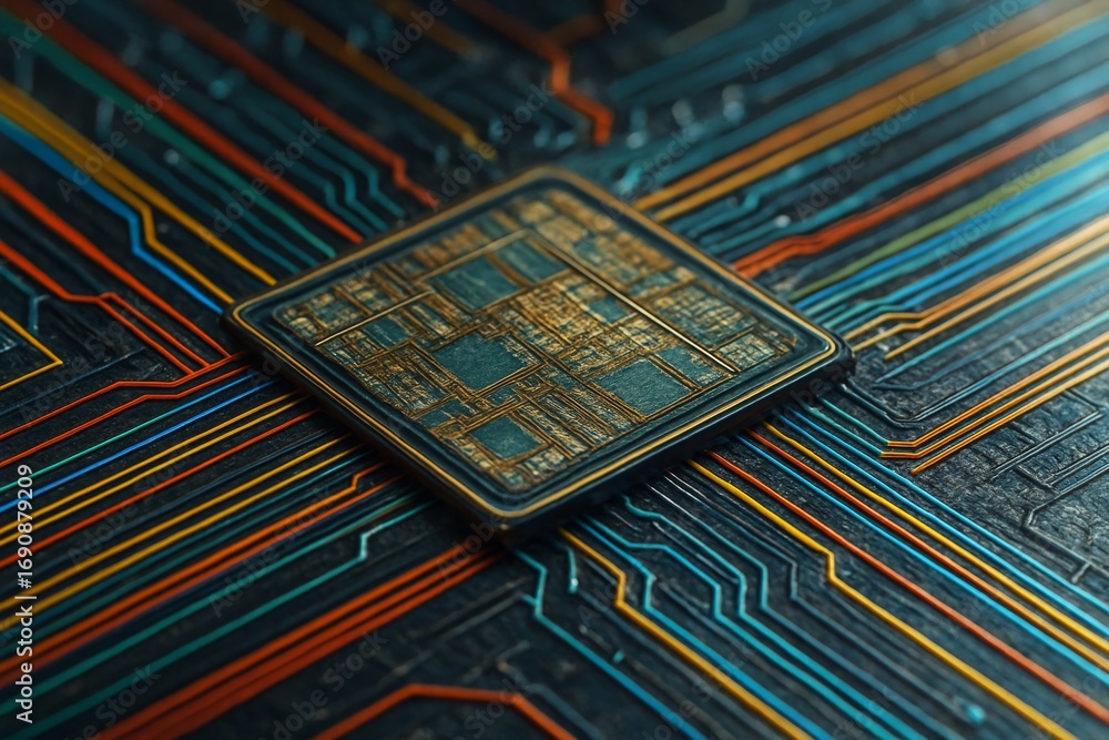 Poster abstract close-up of computer microchip with colorful circuit lines on dark background representing 
