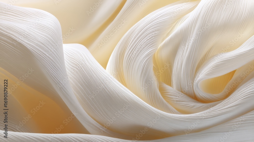 Poster closeup of silky white fabric twisted into soft spirals illuminated by warm orange light, creating a