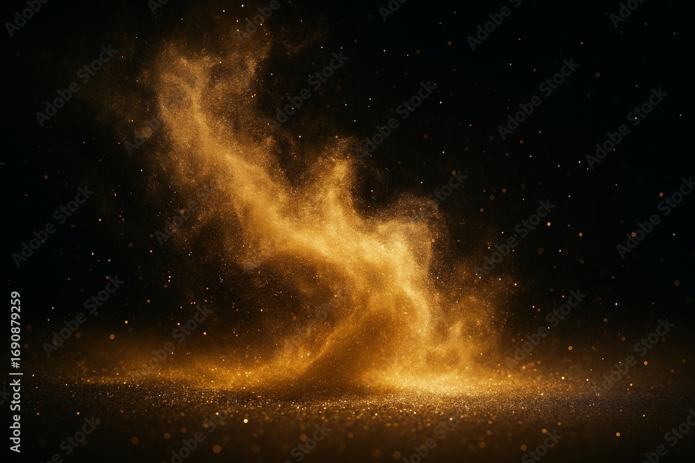 Poster glowing golden dust cloud swirling artistically in dark space with sparkling particles and dramatic 