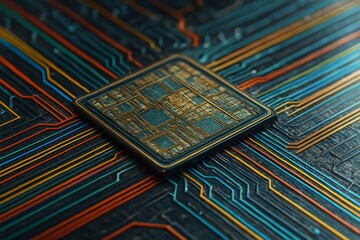 Abstract close-up of computer microchip with colorful circuit lines on dark background representing technology and digital data concept. Ai generative