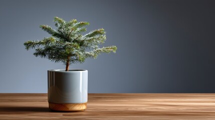 A beautiful, minimalist tabletop with a single, small Christmas tree in a plain ceramic pot