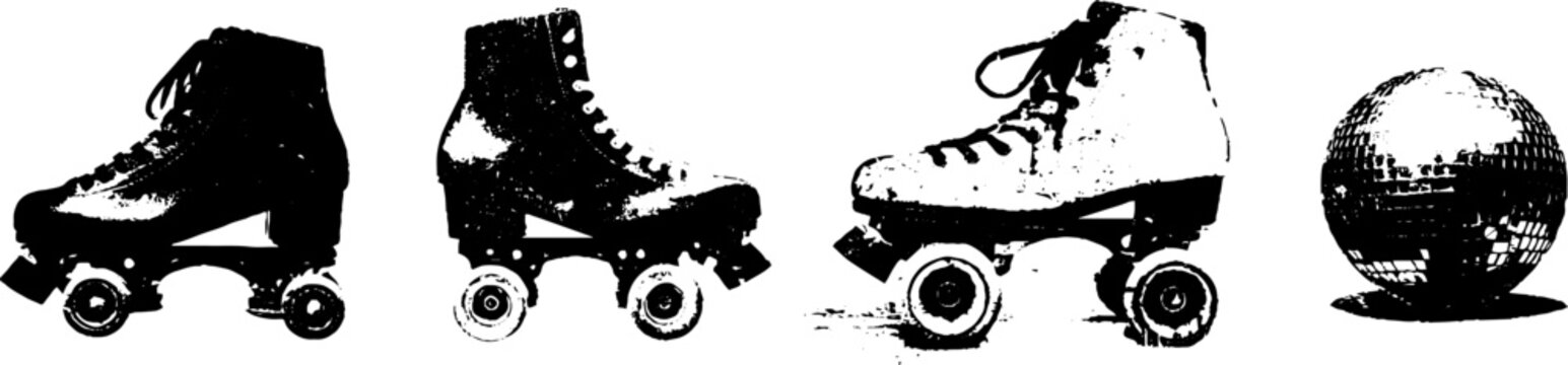 Vintage roller skate and disco ball grunge black and white illustration set for retro design