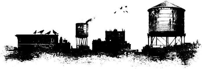 Fototapeta premium Urban rooftop silhouette with water towers and birds - grunge black and white design for posters