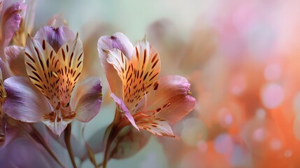Delicate Alstroemeria blooms showcase vibrant orange and purple hues with intricate petal details in soft light