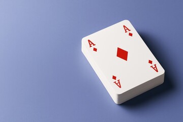 Obraz premium Stack of ace of diamonds playing cards on a smooth purple background with soft light and clean composition for hobby or game concept.