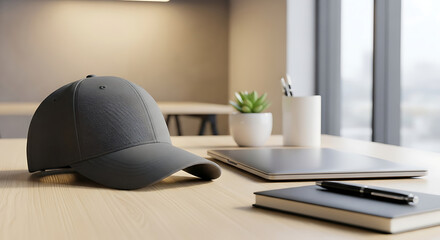 Professional Office Desk Scene with Gray Cap, Laptop, and Green Plant
