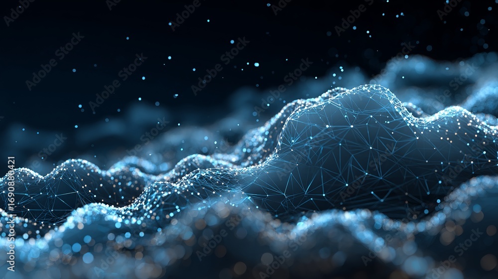 Poster ethereal network landscape with glowing nodes symbolizing digital connectivity, innovation and futur