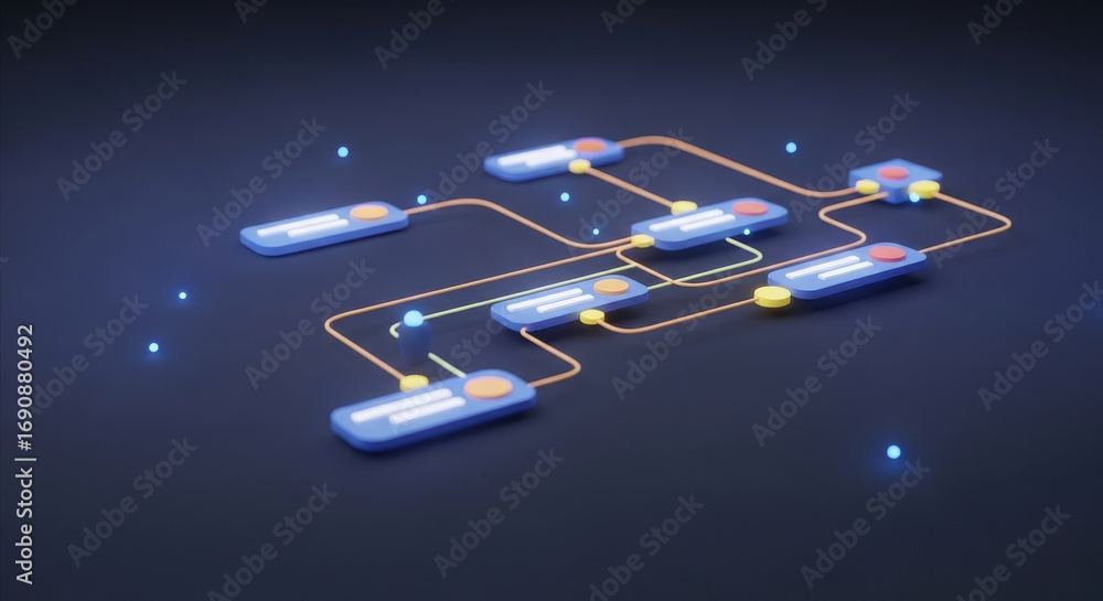 Poster abstract digital flowchart with interconnected nodes and lines on dark background. data network, tec