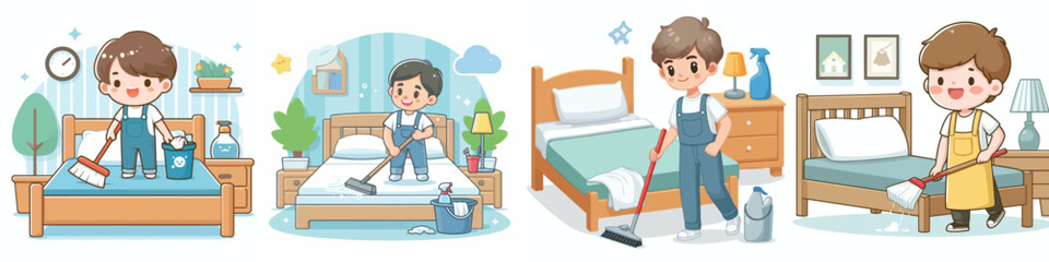 vector of a little boy cleaning the bed