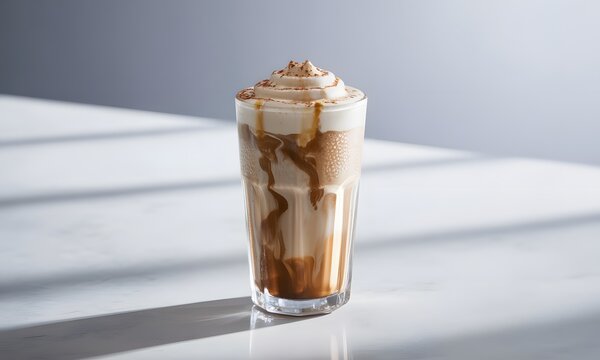Indulgent iced coffee topped with creamy whipped cream and drizzled caramel sauce, perfect for a summer treat