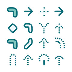 Comprehensive Arrow Dashed Line Icon Set. Collection of 16 Vector Pointers for Infographics and UI