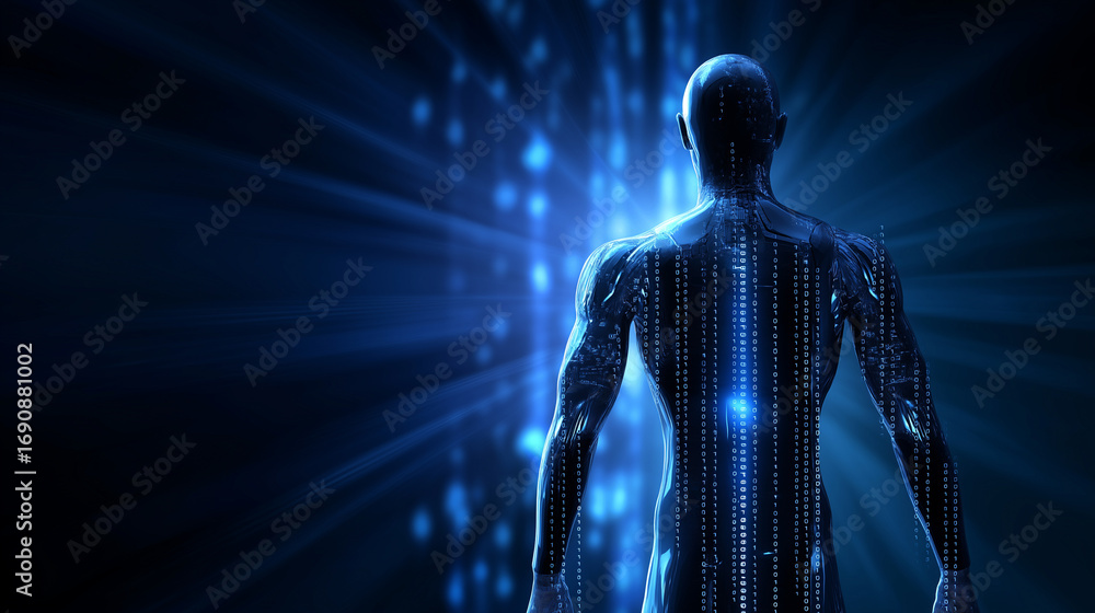 Aufkleber digital human figure with vertical data streams glowing in a blue virtual space.