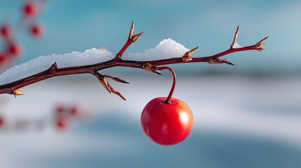 red berry on a snow-covered branch, with a sense of vibrant color in a minimalist setting