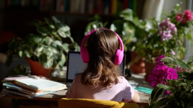 Child with pink headphones studying at home on laptop