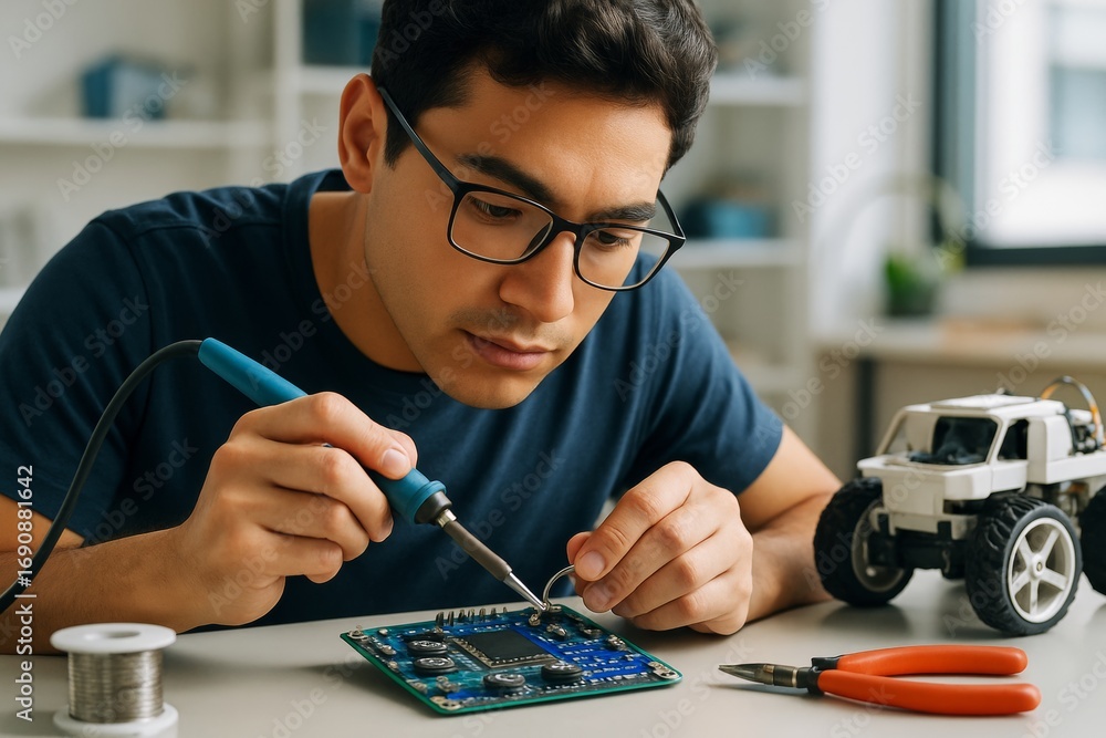 Poster young man soldering electronic circuit board at desk with tools and robot car as part of creative en