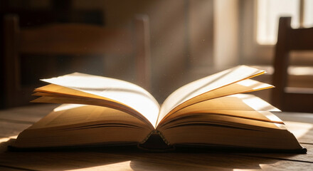 Fototapeta premium Open Book Bathed in Sunlight: A Study in Light and Shadow