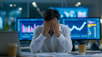 Frustrated financial analyst covering face with hands in front of declining stock charts.
