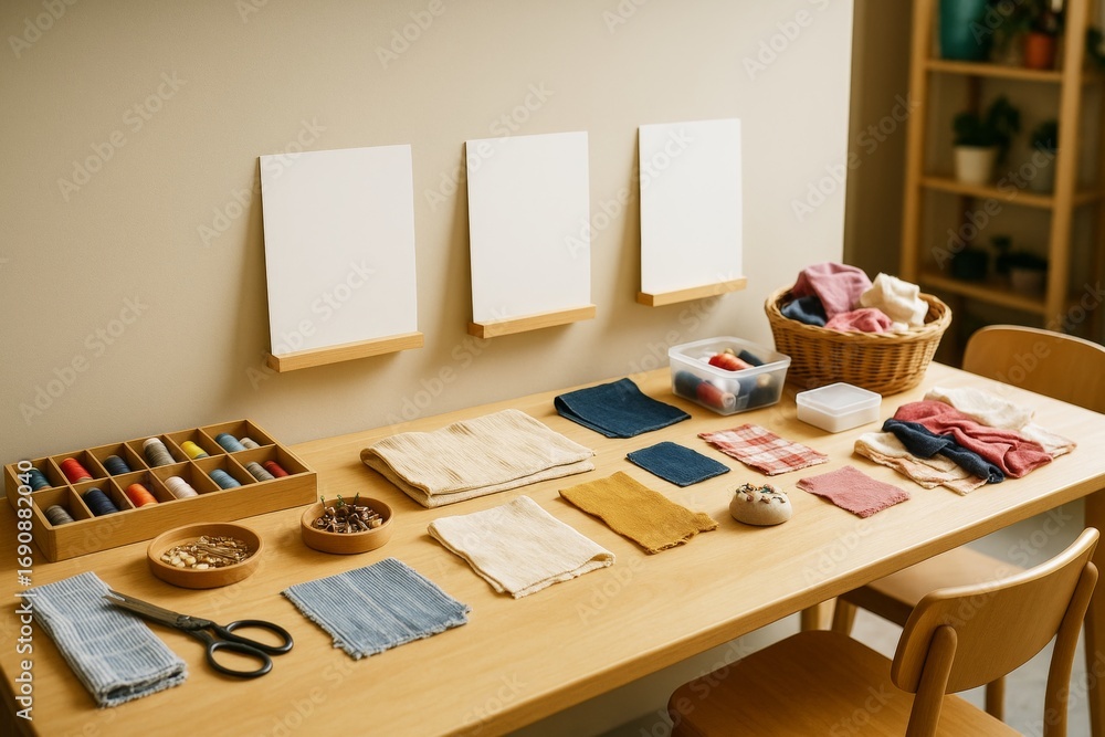 Poster blank canvas mockups above sewing workspace with colorful fabric samples and threads neatly arranged
