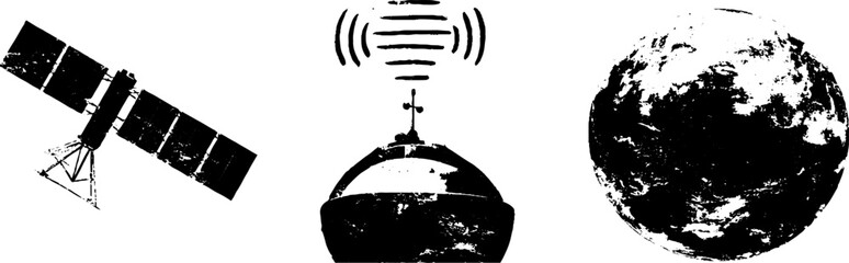 Grunge black and white satellite and planet illustration set for urban design