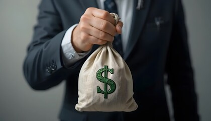 Businessman Holding Money Bag with Dollar Sign in Professional Suit