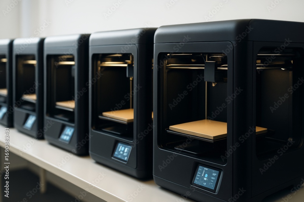 Poster multiple black 3d printers lined up on a table in a modern workspace under soft light with a minimal