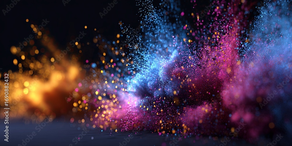 Poster dynamic explosion of colorful particles radiating in all directions against a black backdrop