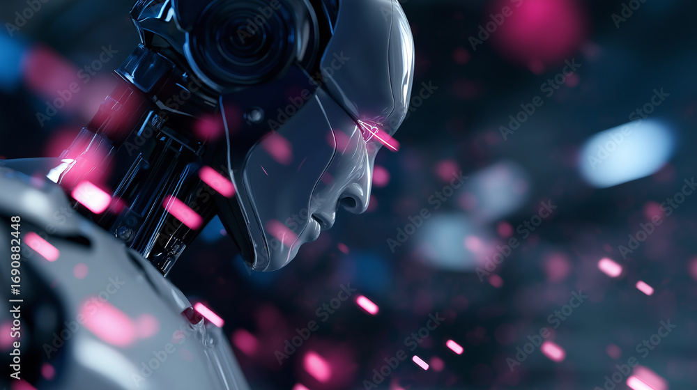 Poster futuristic humanoid robot with illuminated circuits surrounded by floating digital particles.