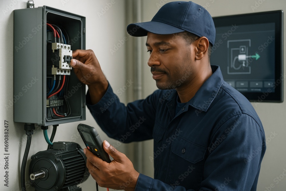 Poster industrial electrician testing and inspecting control panel with digital multimeter in a factory set