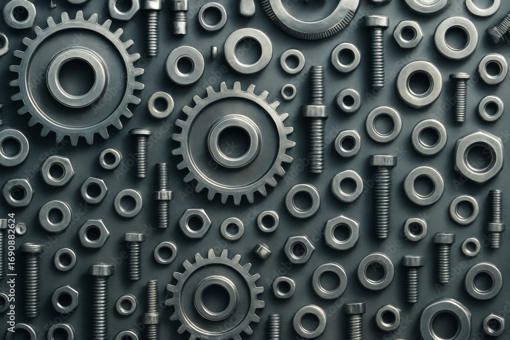 Poster assorted metal gears, bolts, nuts, and washers organized in a seamless mechanical pattern on dark ba