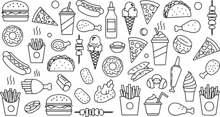 Collection of doodle style fast food and sweet treat icons on white background Keywords: fast food, icons