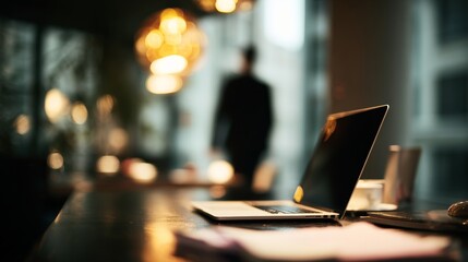 Fototapeta premium Laptop on desk in modern office with businessman in background