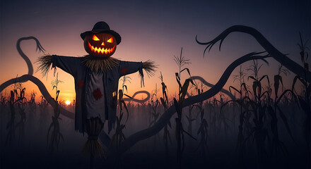 Scarecrow with jack-o'-lantern head in cornfield at dusk