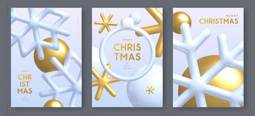 Set of Merry Christmas and New Year covers, posters or greeting cards with 3d plastic and metallic snowflakes on white background. Vector illustration
