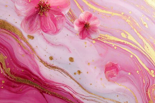 Pink flowers on a pink gold marbled background abstract art elegant design - Powered by Adobe