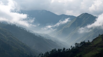 Fototapeta premium Stunning mountain landscape with mist and rolling hills for nature enthusiasts