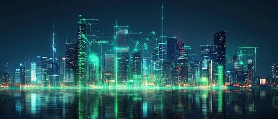 Futuristic Cityscape with Digital Network Overlay and Water Reflections at Night