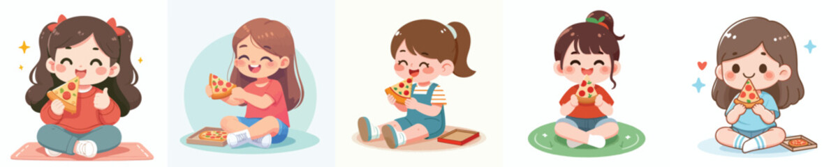 vector of a cute little girl eating pizza